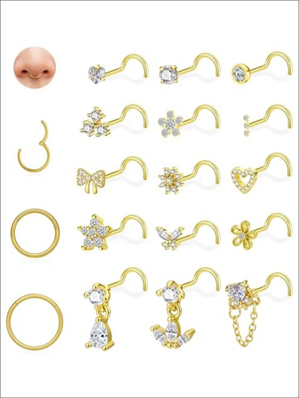 18pc Stainless Steel Septum Nose Ring Set 16G 20G Hypoallergenic Piercing